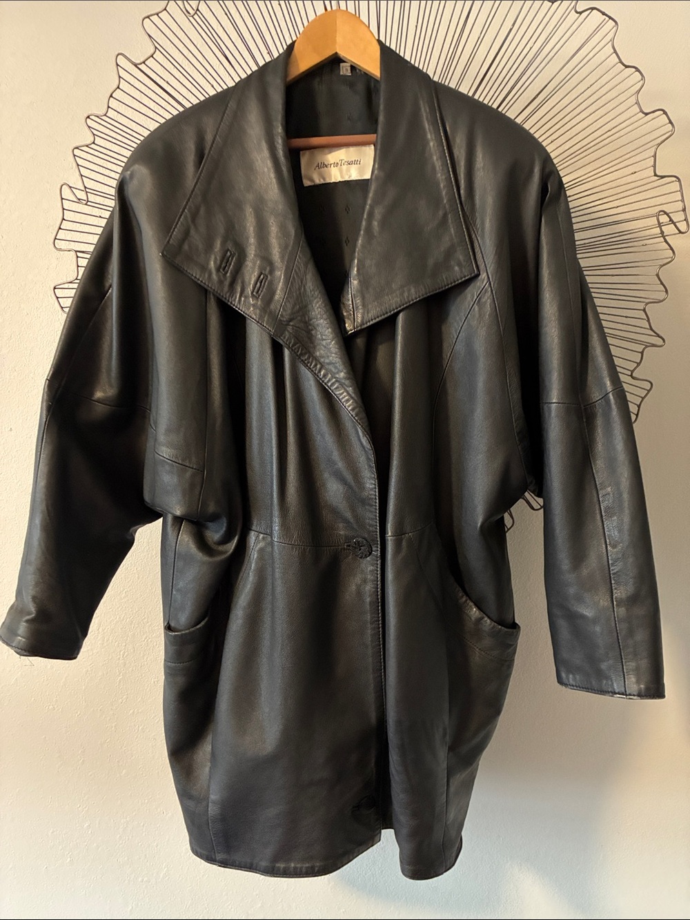 Alberto Makali Black Vintage Leather Relaxed-Fit Car Coat Jacket Size Large